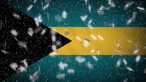 bahamas flag falling snow loopable, new year and christmas background, loop