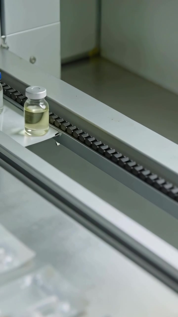 Vídeo vertical: Iniciando a corrente de acionamento movendo uma bandeja texturizada ao longo da linha farmacêutica, colocando um frasco com tampa verde.