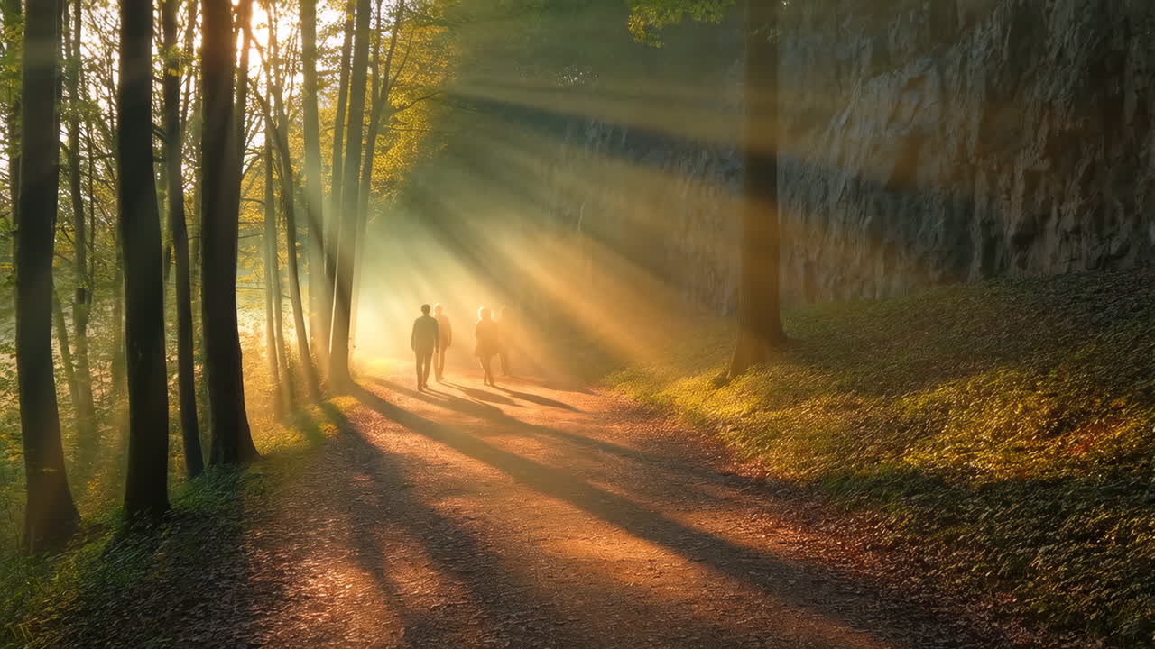 People Walking on a Sun-Drenched Forest Path with Ethereal Light Rays