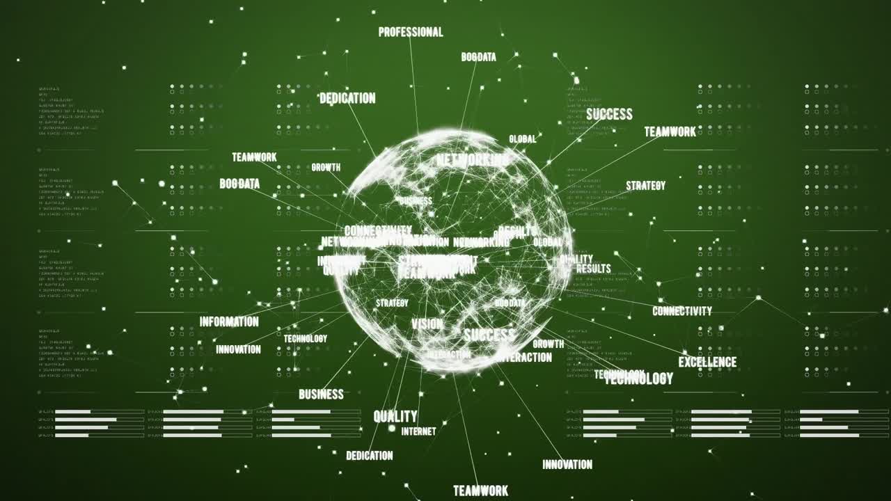Animation of globe of network of connections with business text and data processing on green