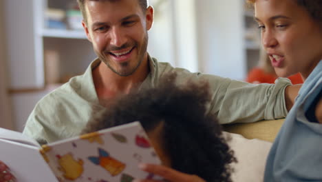 Hija-Leyendo-Un-Libro-Con-Sus-Padres-En-El-Sofá-De-Casa