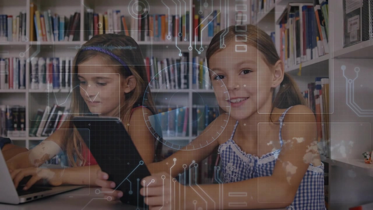 In school right girl tapping tablet causing tech circuit overlay, left girl typing laptop for study
