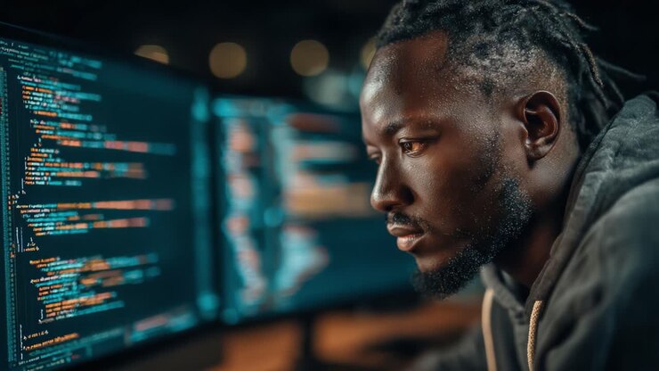Fokuseret programmør analyserer kompleks kode på flere skærme: Dyb indsigt i softwareudvikling og fejlfinding