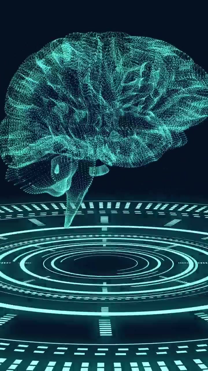 Animation of human brain and digital data processing over black background