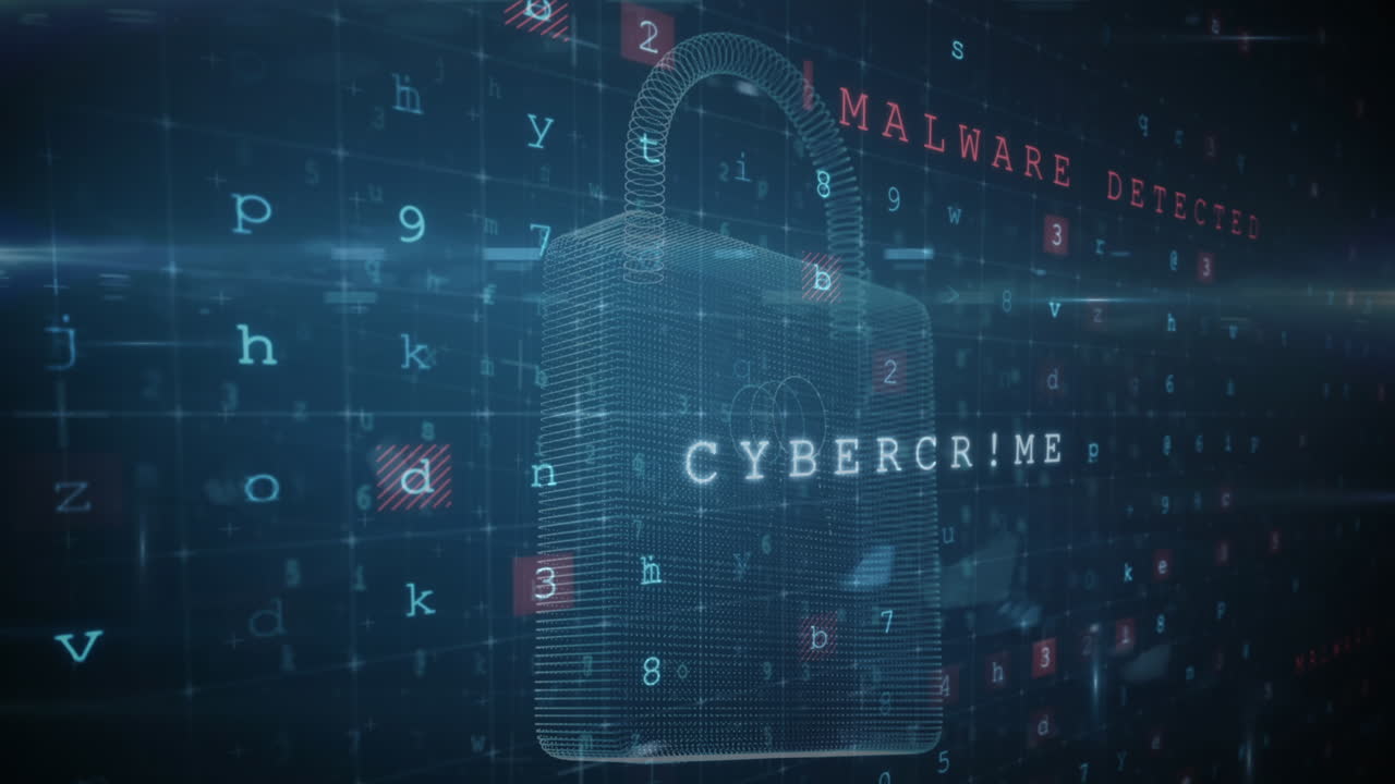 Animation of digital interface with security padlock over dark background