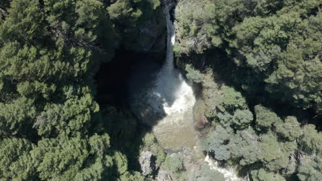 AERIAL---Rio-Bonito-waterfall-and-forest,-Patagonia,-Neuquen,-Argentina,-descending