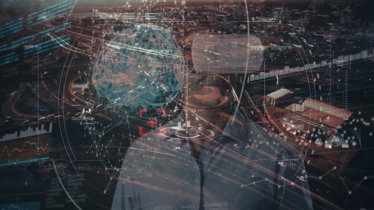 animación del procesamiento de datos financieros sobre un hombre de negocios que usa auriculares vr