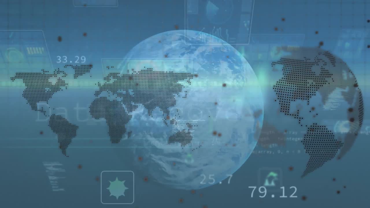 データ処理のアニメーション回転するグローブと世界地図を青い背景に