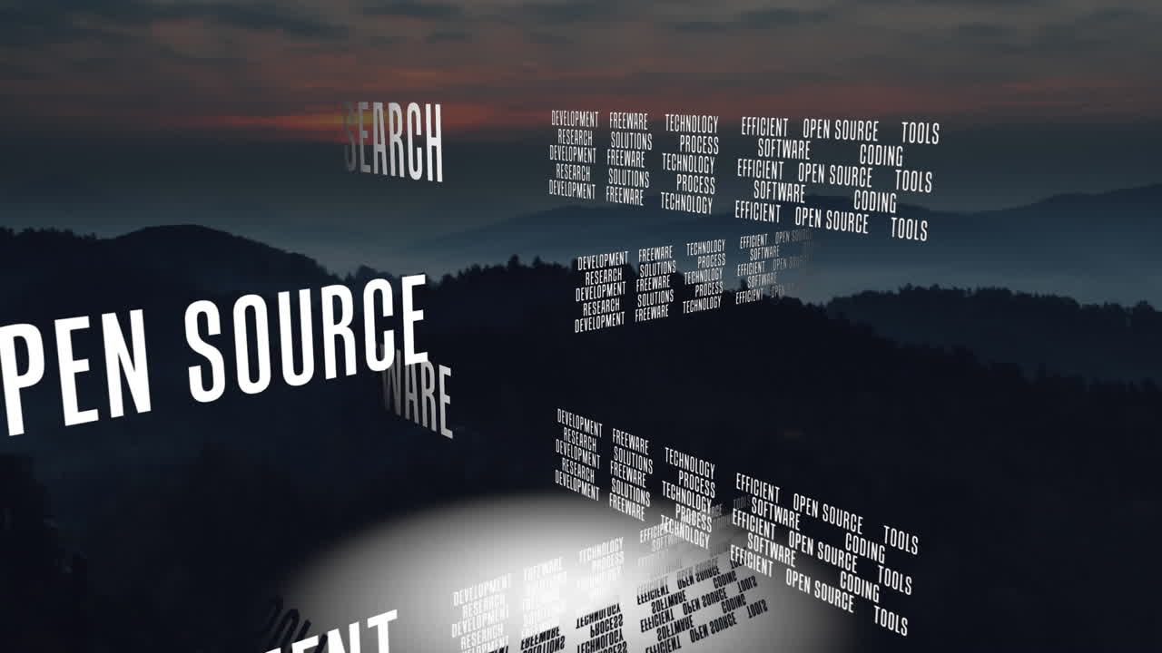 Animation of technology texts over landscape