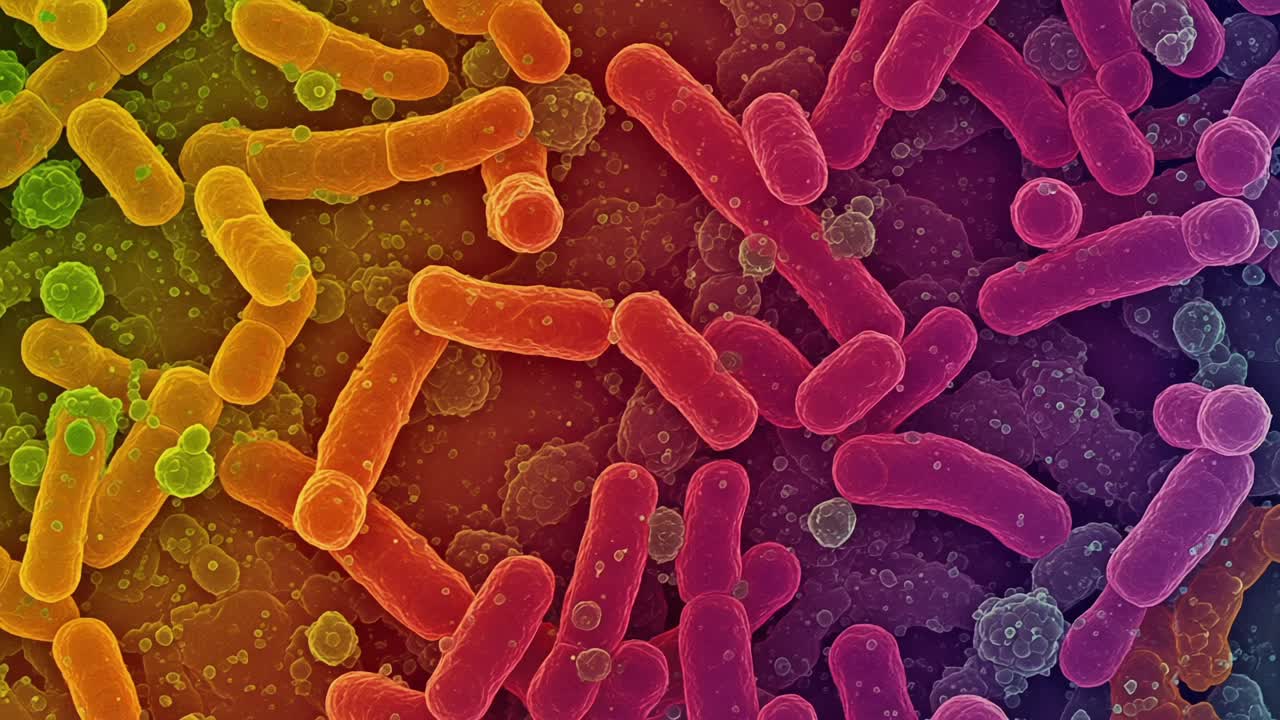 A Vibrant Microscopic View of Bacterial Structures Showing Diverse Shapes, Colors, and Forms in a Rich Cellular Environment Under High Magnification