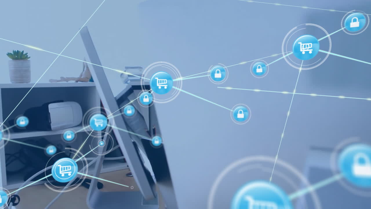 사무실의 컴퓨터를 통해 아이콘으로 연결된 네트워크의 애니메이션