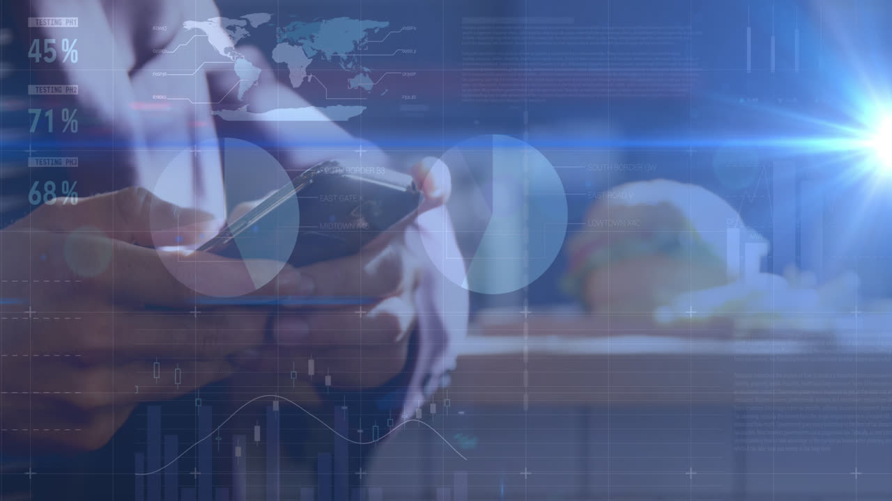 스마트폰을 사용하는 백인 남자의 손 위의 그래프의 애니메이션