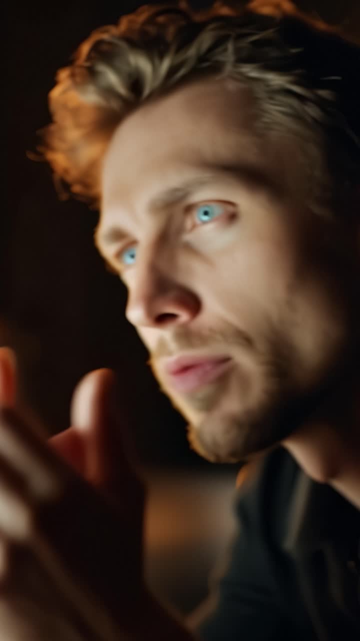 Un momento di riflessione: Un ritratto ravvicinato di un uomo contemplativo con sorprendenti occhi blu e lineamenti espressivi in un ambiente scarsamente illuminato.