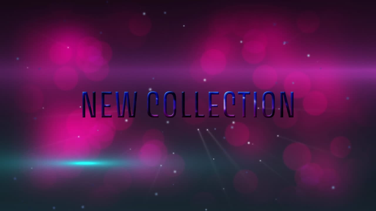 Animación de banner de texto de nueva colección contra partículas blancas y puntos de luz rosas