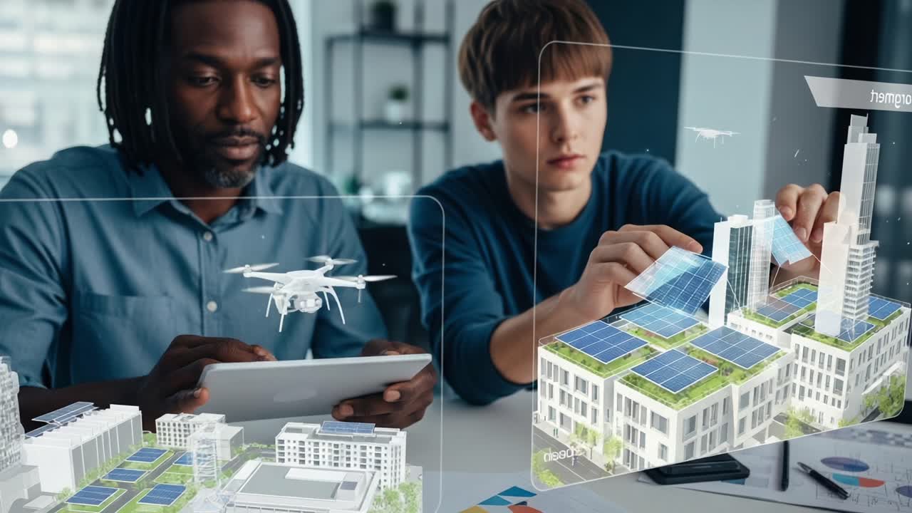 Exploring Innovative Urban Design: Two Individuals Engaging with Advanced Architectural Models and Technology Solutions in a Collaborative Environment