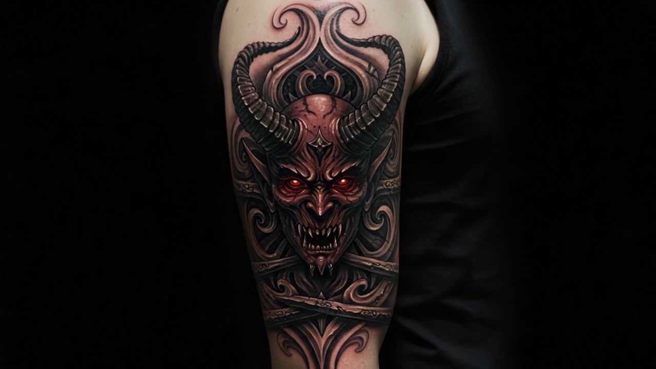 Tatuaggio complesso di un teschio di demone con corna e occhi rosso fuoco su un braccio, che cattura un'estetica cupa e audace con dettagli e creatività straordinari