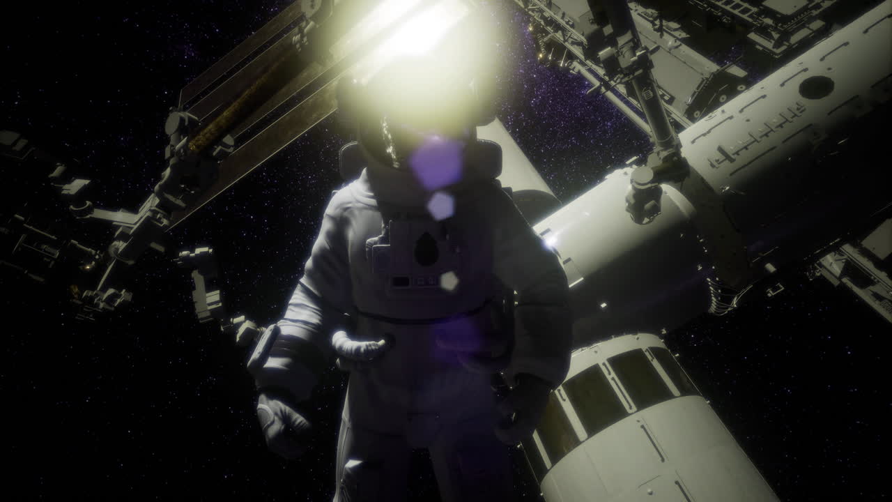 Astronauta esegue una passeggiata spaziale vicino alla Stazione Spaziale Internazionale di notte