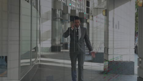 animation of stock market data processing over biracial businessman talking on smartphone at office