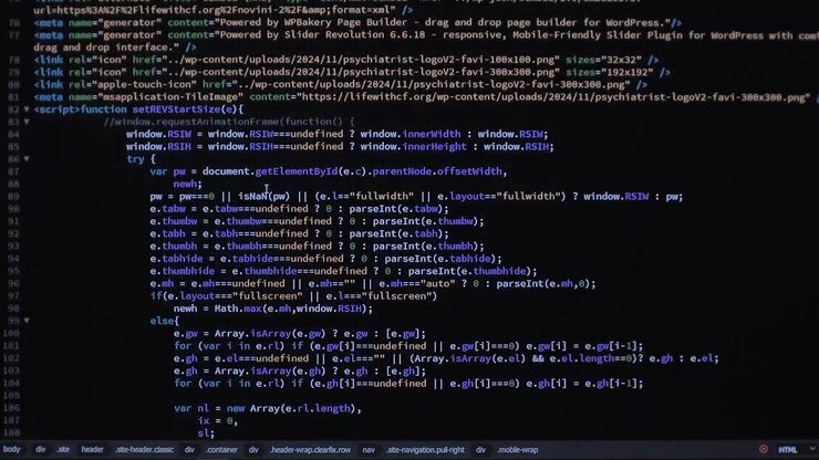 Desarrollador navegando por código HTML en la pantalla de la computadora. Vista frontal. Código de página web HTML desplazándose, programación, fondo de tecnología abstracta para desarrollador de software, concepto de script informático. Escena O