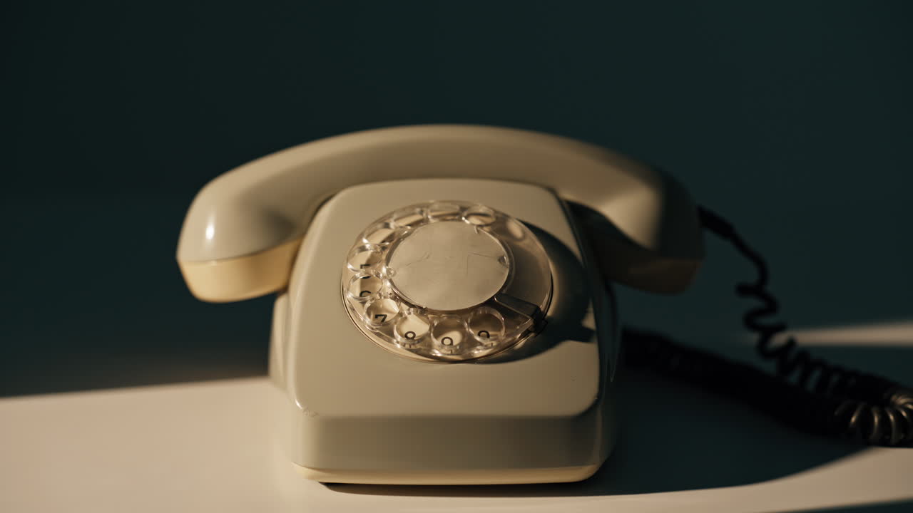 Man hand taking rotary phone in evening room closeup. Businessman picking up