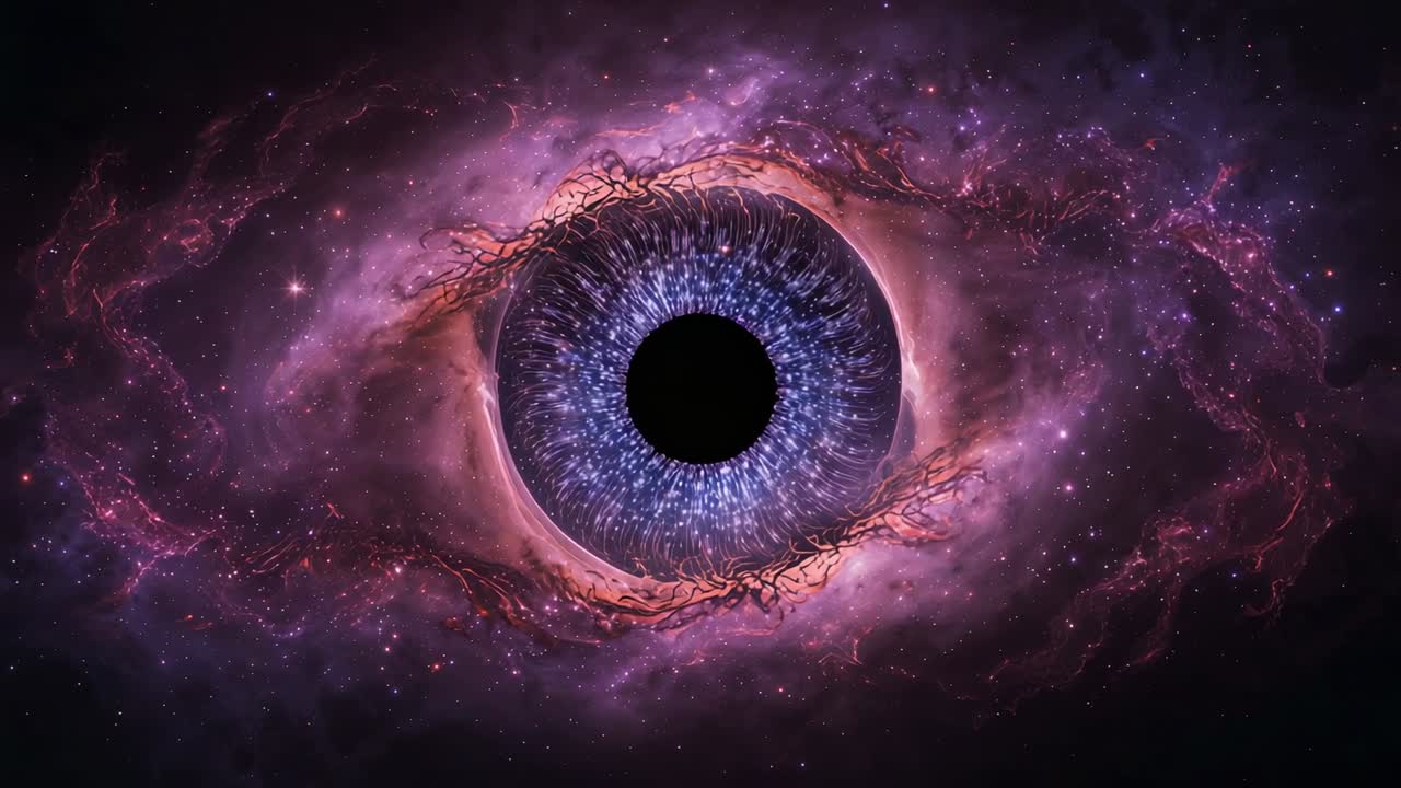 Opening frame showing cosmic eye fixing on deep space, highlighting nebula clouds, scattered stars