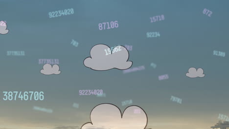 animación de nubes digitales, números y cielo