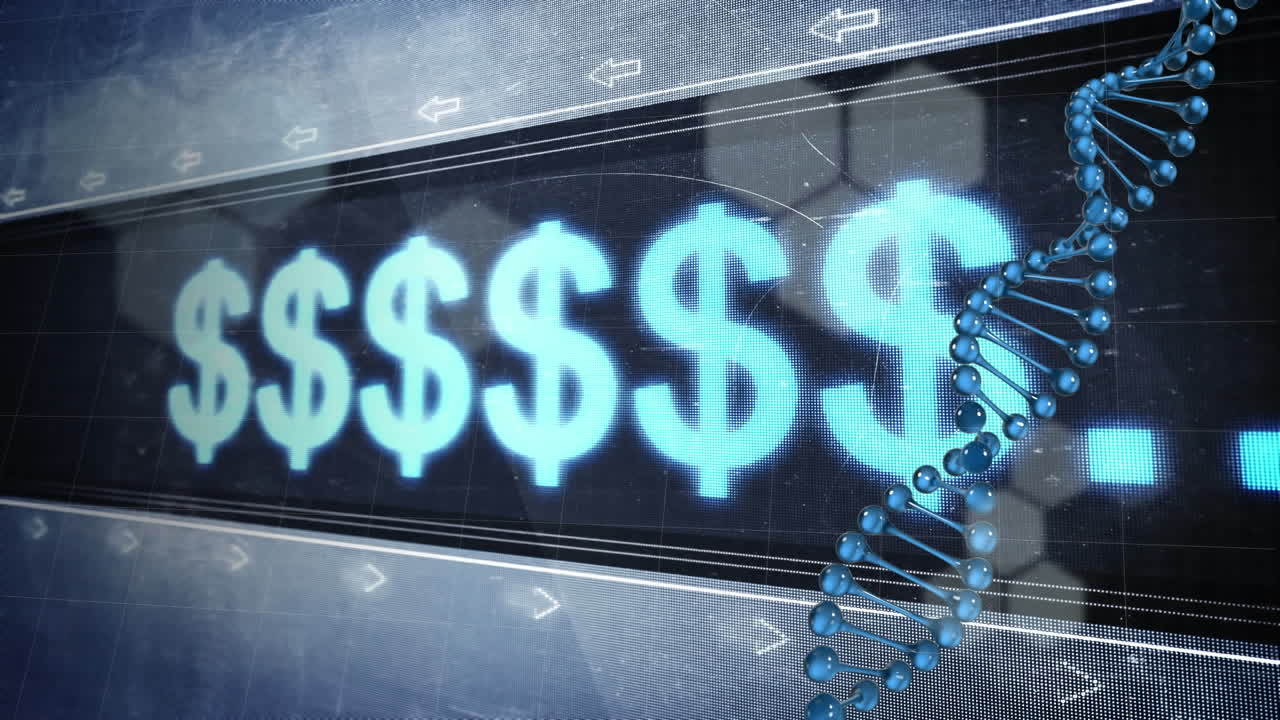 화폐 기호가 바뀌는 모니터로 dna 균형을 회전시키는 애니메이션.