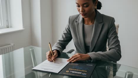 a professional woman signing important documents in a modern office environment, reflecting commitment and efficiency in her work responsibilities