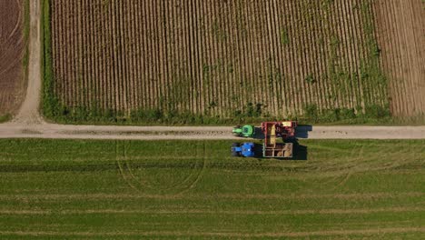 a potatoe cropping tractor with its trailer delivers its harvest to another tractor, which is the collector