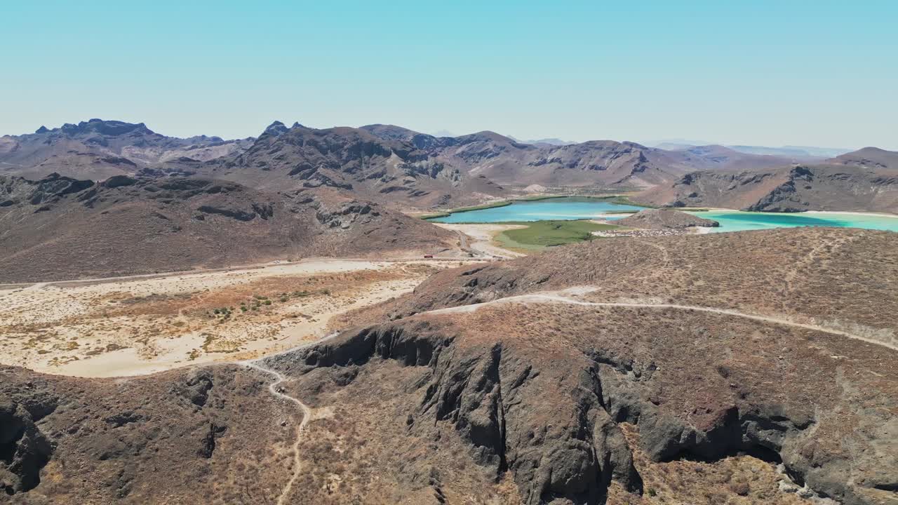 Breathtaking aerial shot of desert landscape near La Paz, Tecolotito, showcasing turquoise lake