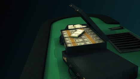 stacks of money in briefcases on a green poker table