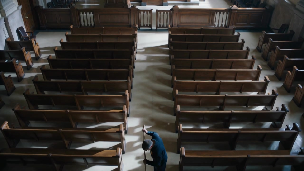 Un bidello in uniforme scura e berretto entra, spazzando la navata centrale di una chiesa con una scopa, pulendo i banchi.
