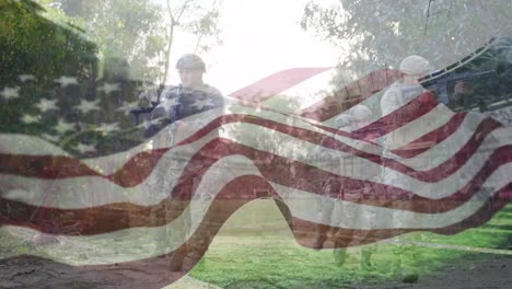 animation of flag of usa over diverse soldiers