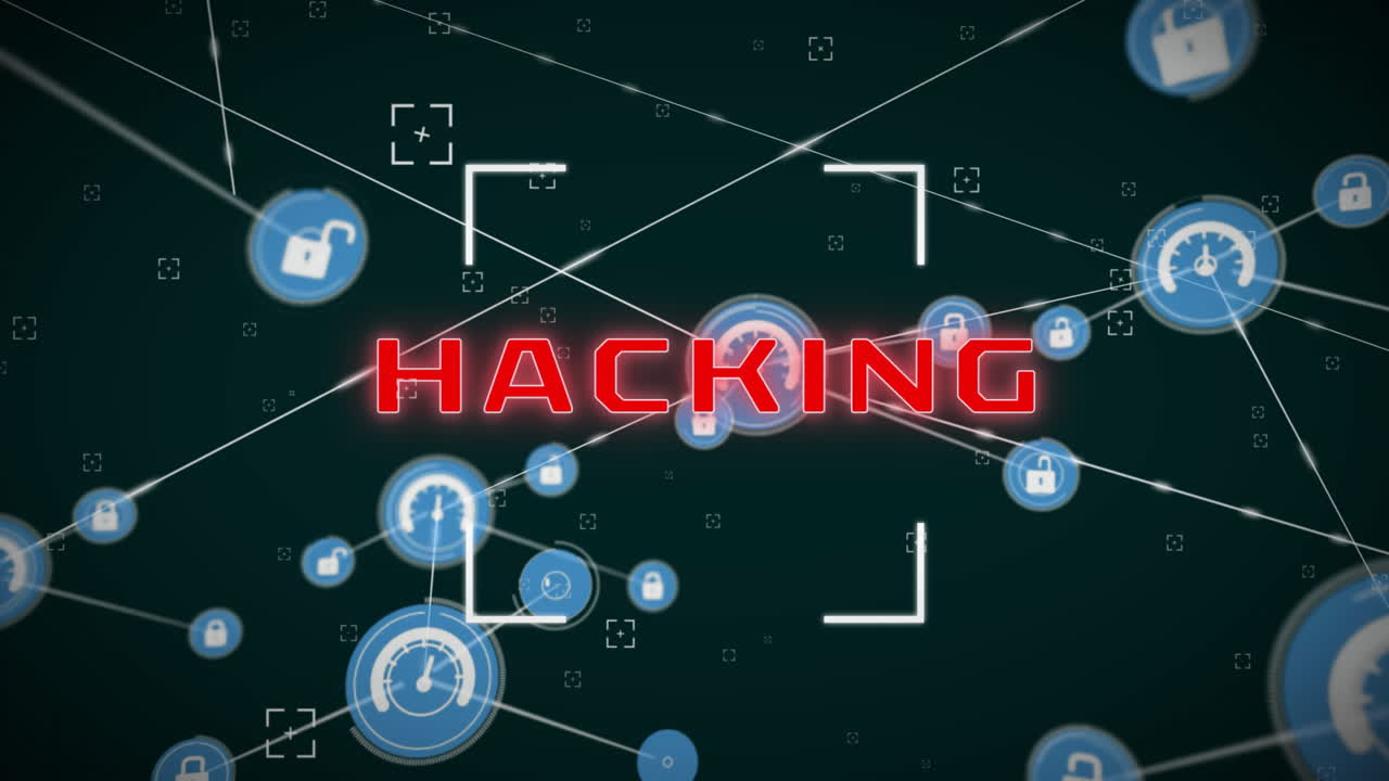Animation of hacking text, network of connections with icons and data processing
