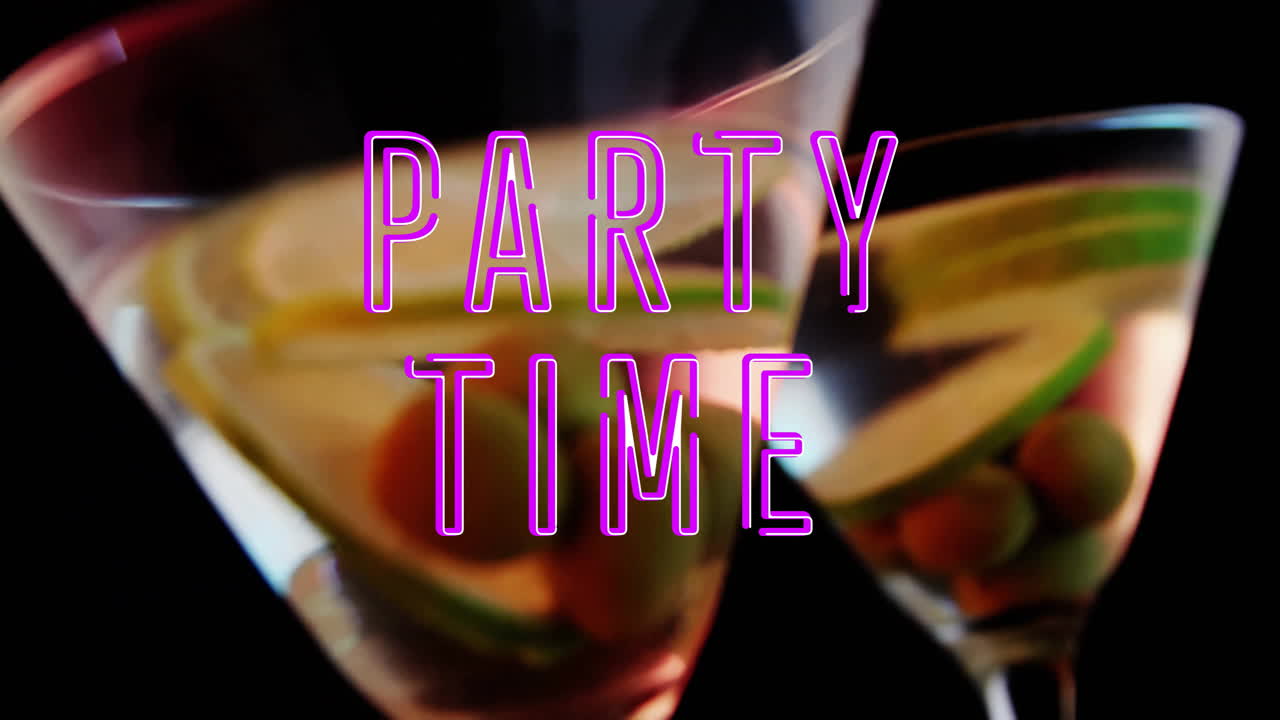 Animation of party time text over cocktails on black background
