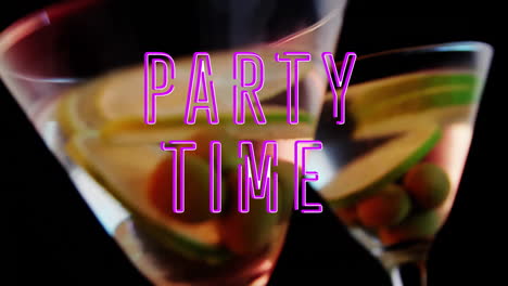 animation of party time text over cocktails on black background