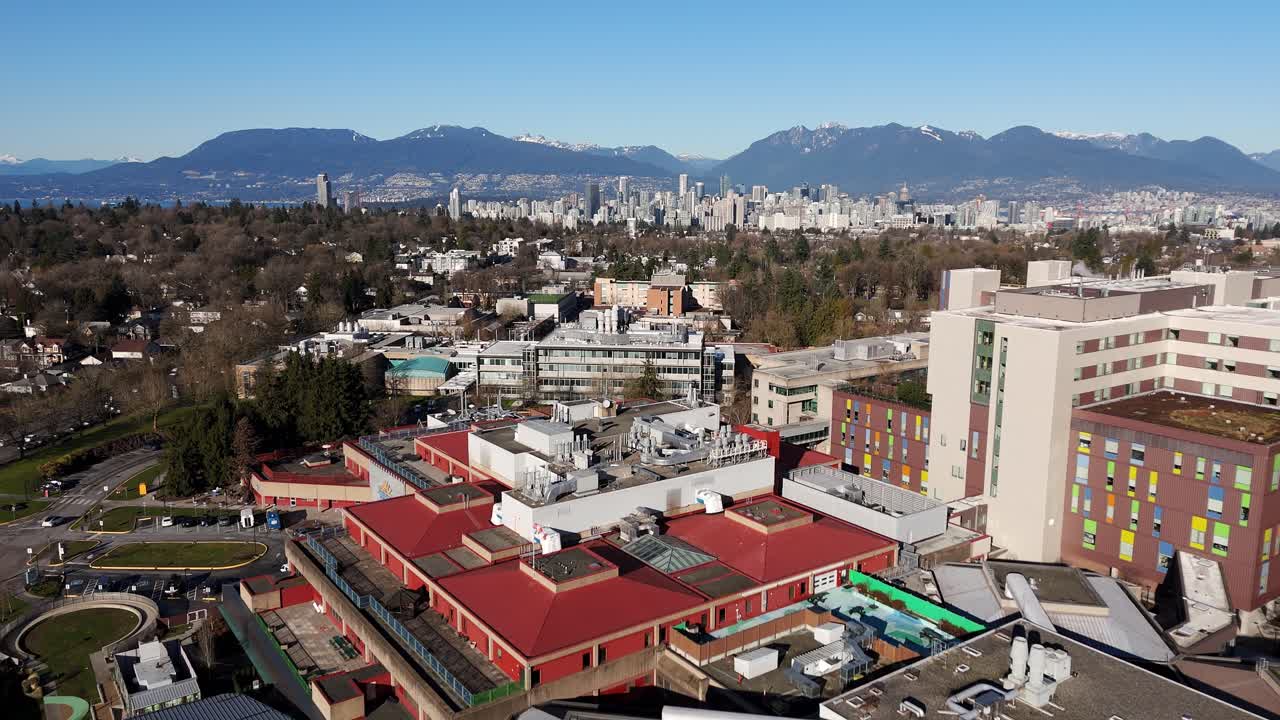 Flyover Sunny Hill Health Centre Of BC Women's Hospital Maternity In Vancouver, BC, Canada. Aerial Drone Shot