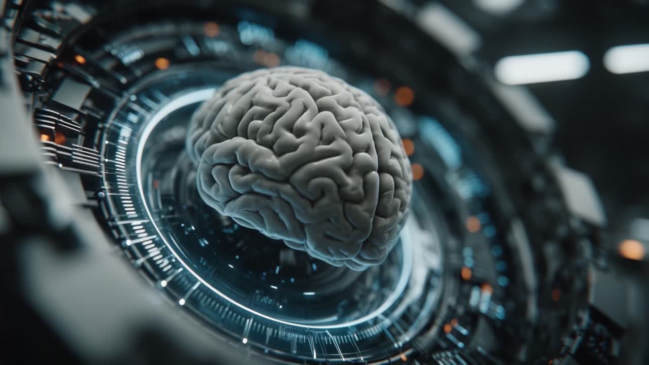 Futuristic Visualization of a Brain Encircled by a Complex Technology Interface Showcasing Intricate Details and High-Tech Elements in a Sci-Fi Setting