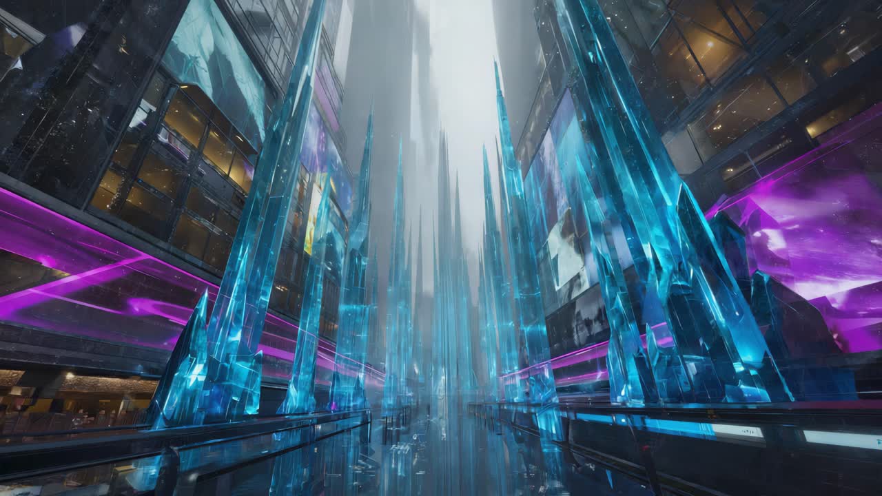 Futuristic cityscape with crystal structures