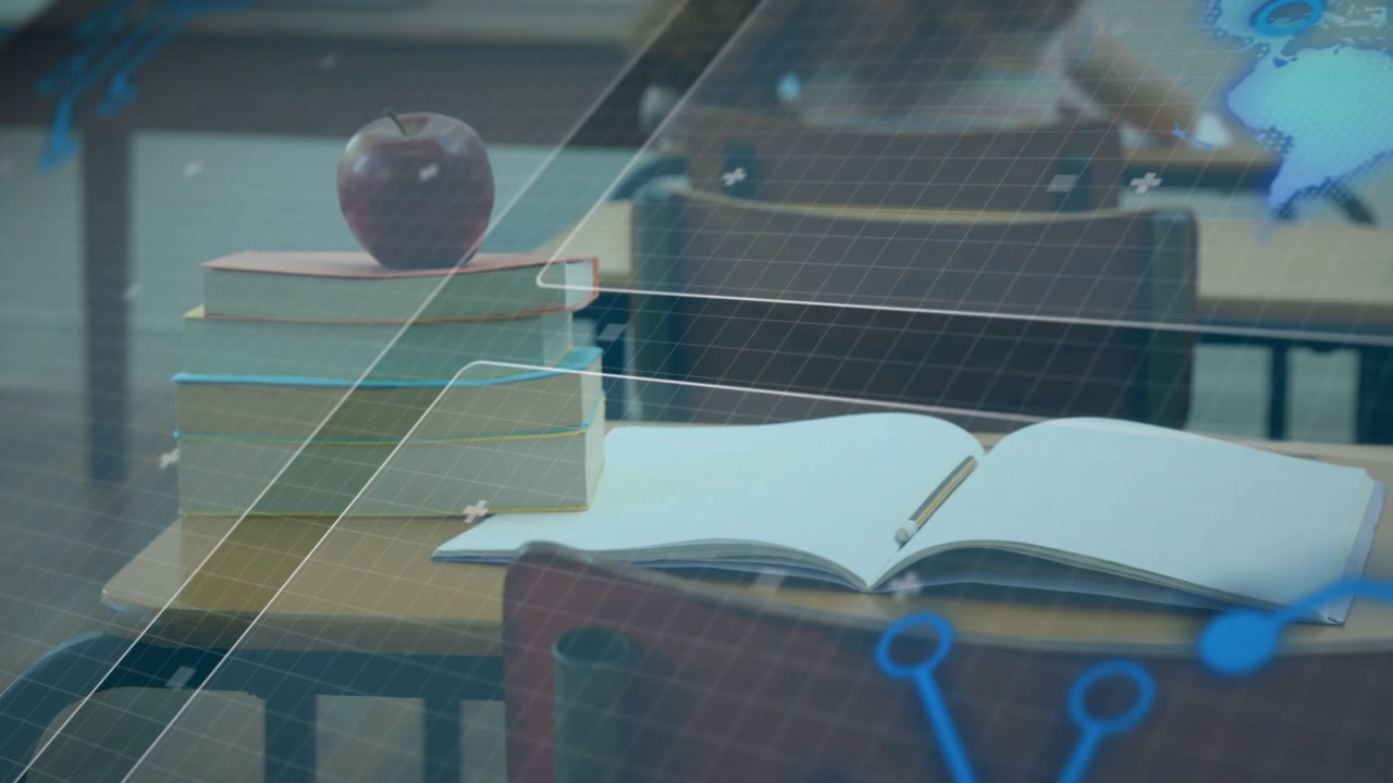 Interactive interface launching grid overlaying textbook stack, digital icons pulsing for learning