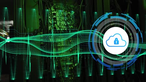 animación del procesamiento de datos con el icono de la nube sobre la sala del servidor