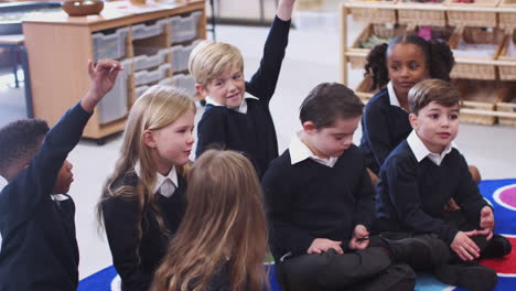 primary school kids sitting on the floor in class, raising hands to answer a question, elevated view