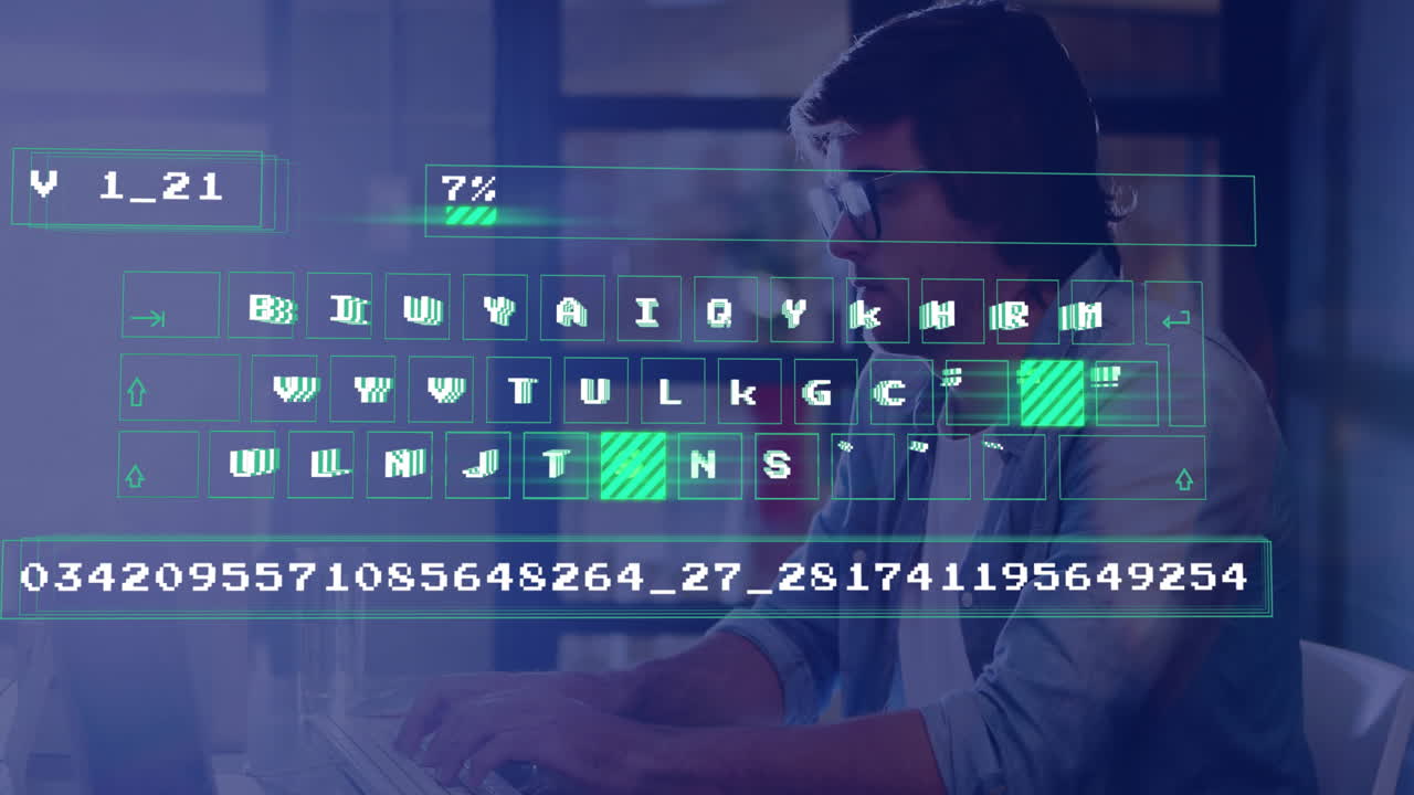 animación del procesamiento de datos sobre el empresario caucásico en la oficina