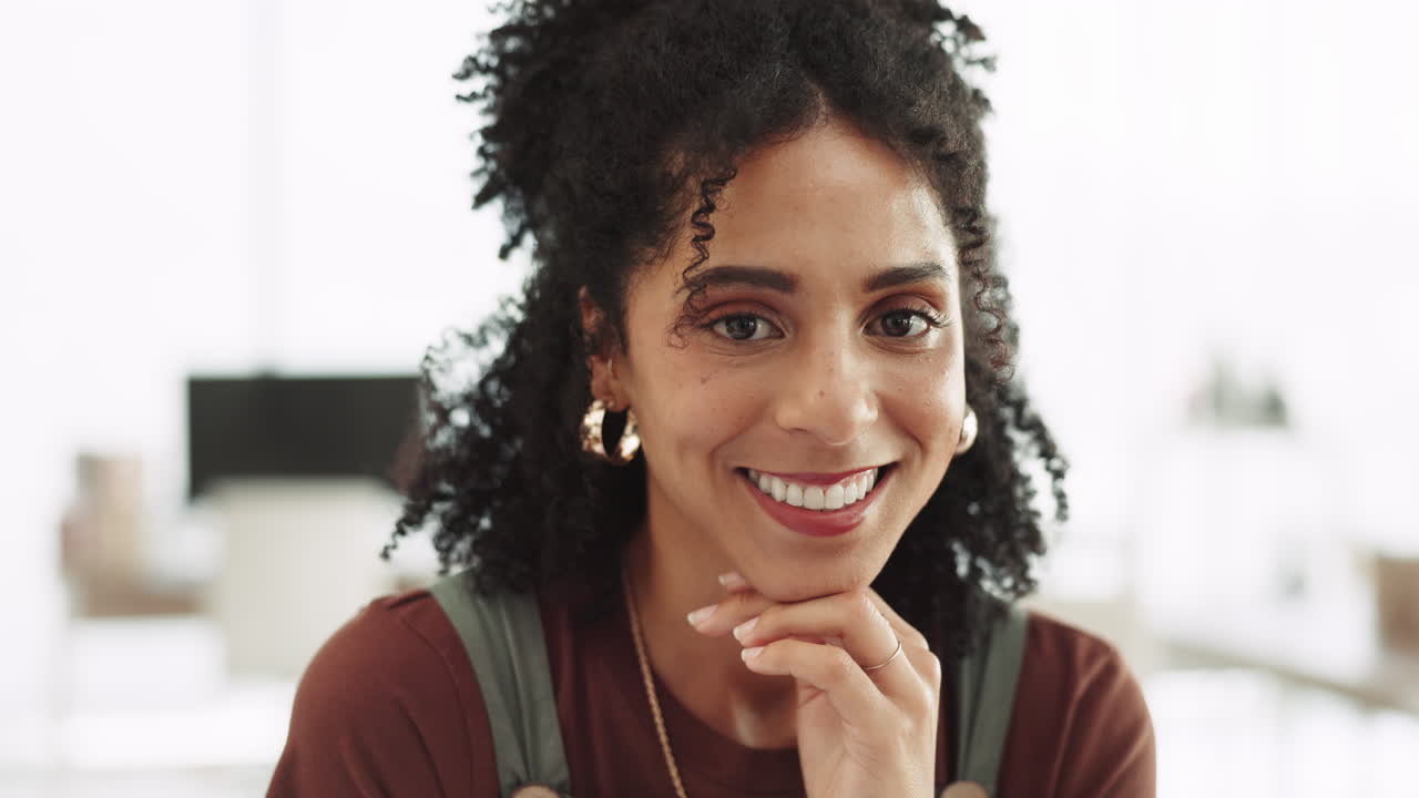Creative woman, face and smile in small business