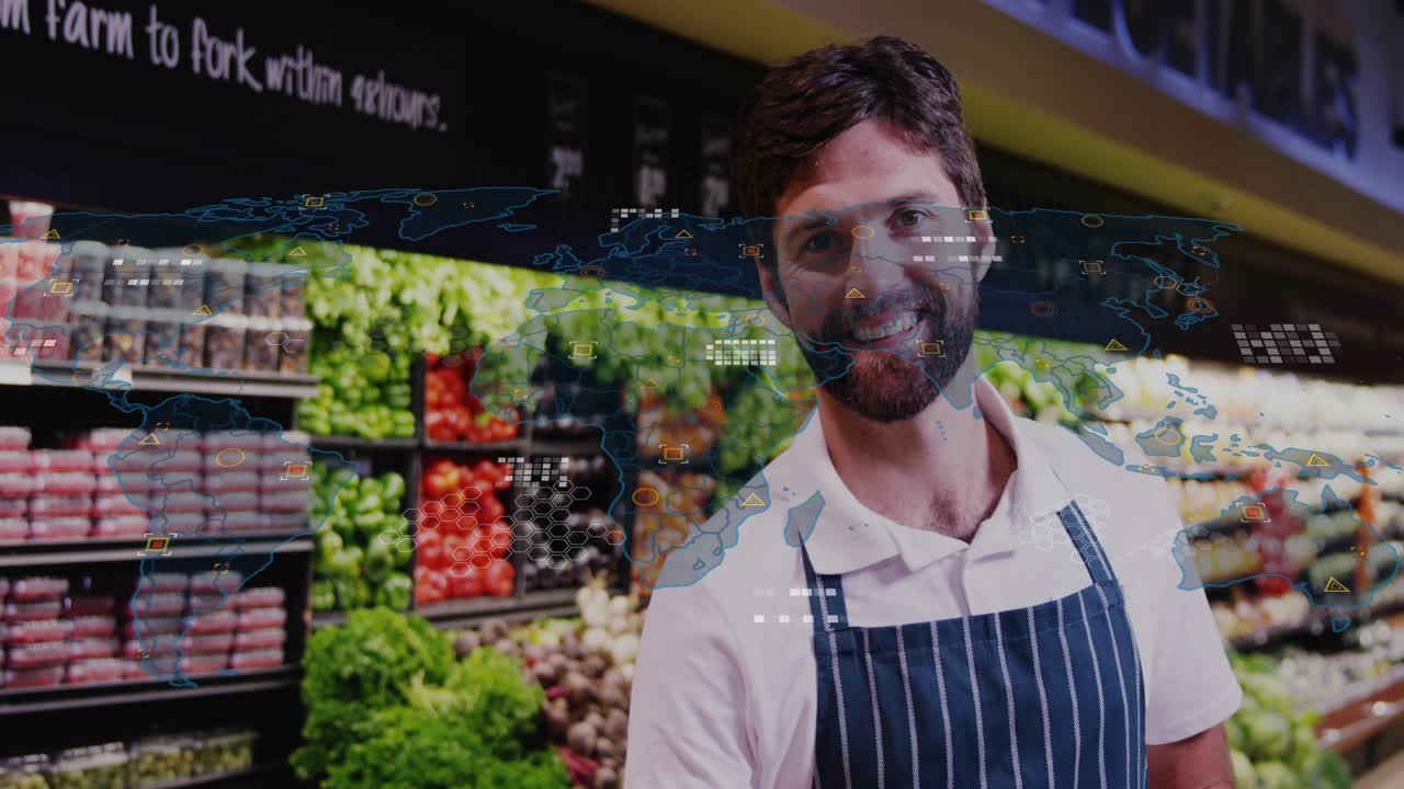Grocery clerk picking orange and arranging display, causing map HUD growth across torso and shelves