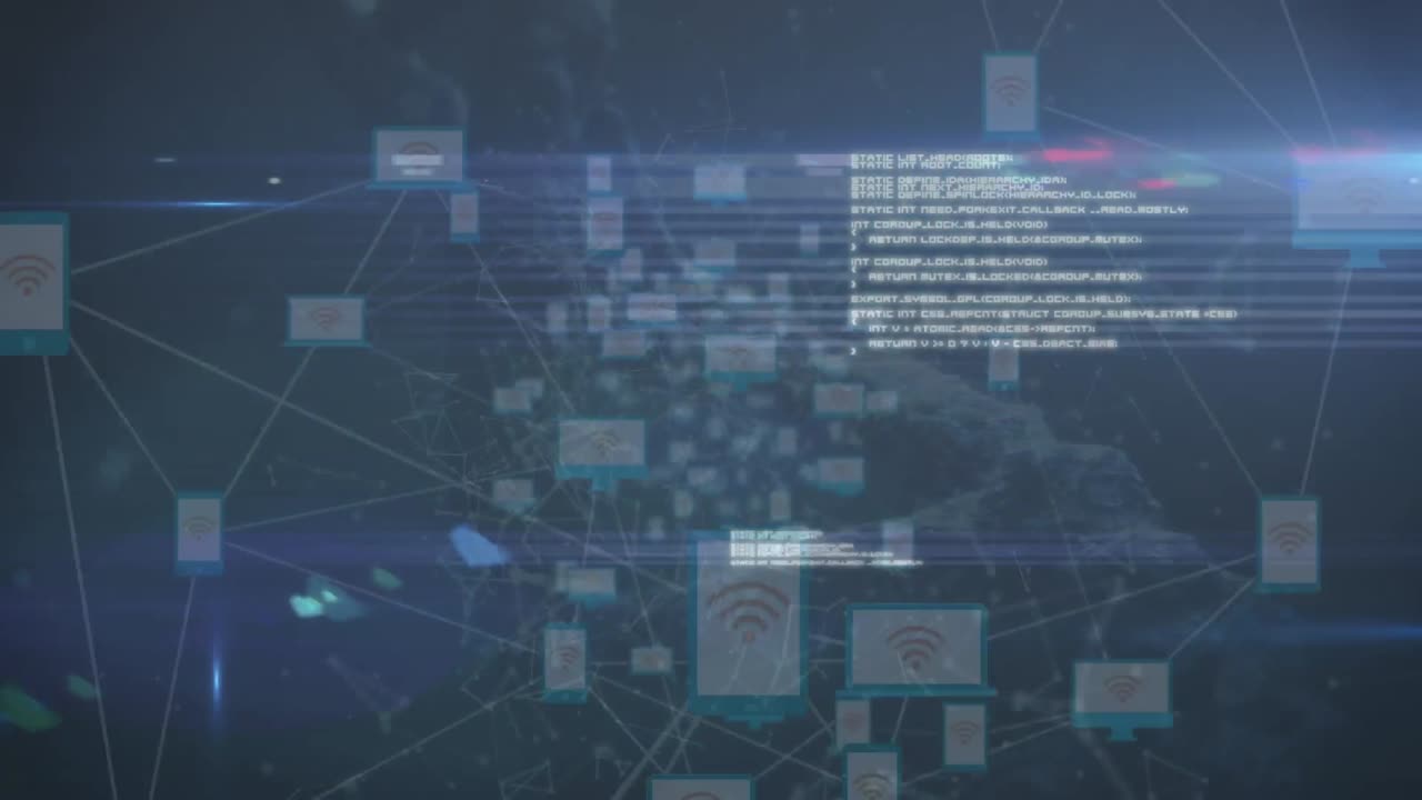 미디어 아이콘의 네트워크의 애니메이션, 반 ⁇ 이는 불빛과 데이터 처리