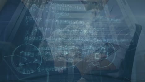 animación del procesamiento de datos, conexiones y empresarios caucásicos
