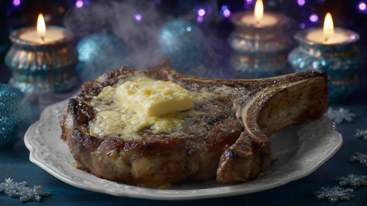 A succulent ribeye steak adorned with melting butter, nestled on a decorative plate, exuding irresistible aromas, illuminated by soft candlelight and shimmering decorations