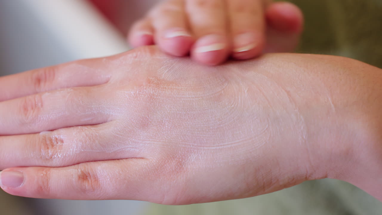 Close-up view of woman rubbing together hands with a whitish substance, likely cream or lotion, to moisturize her skin, the image captures the soothing action of applying skincare on hand