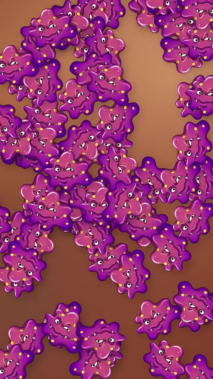 Animazione verticale di personaggi stilizzati di batteri viola che cadono su uno sfondo a rete marrone tenue